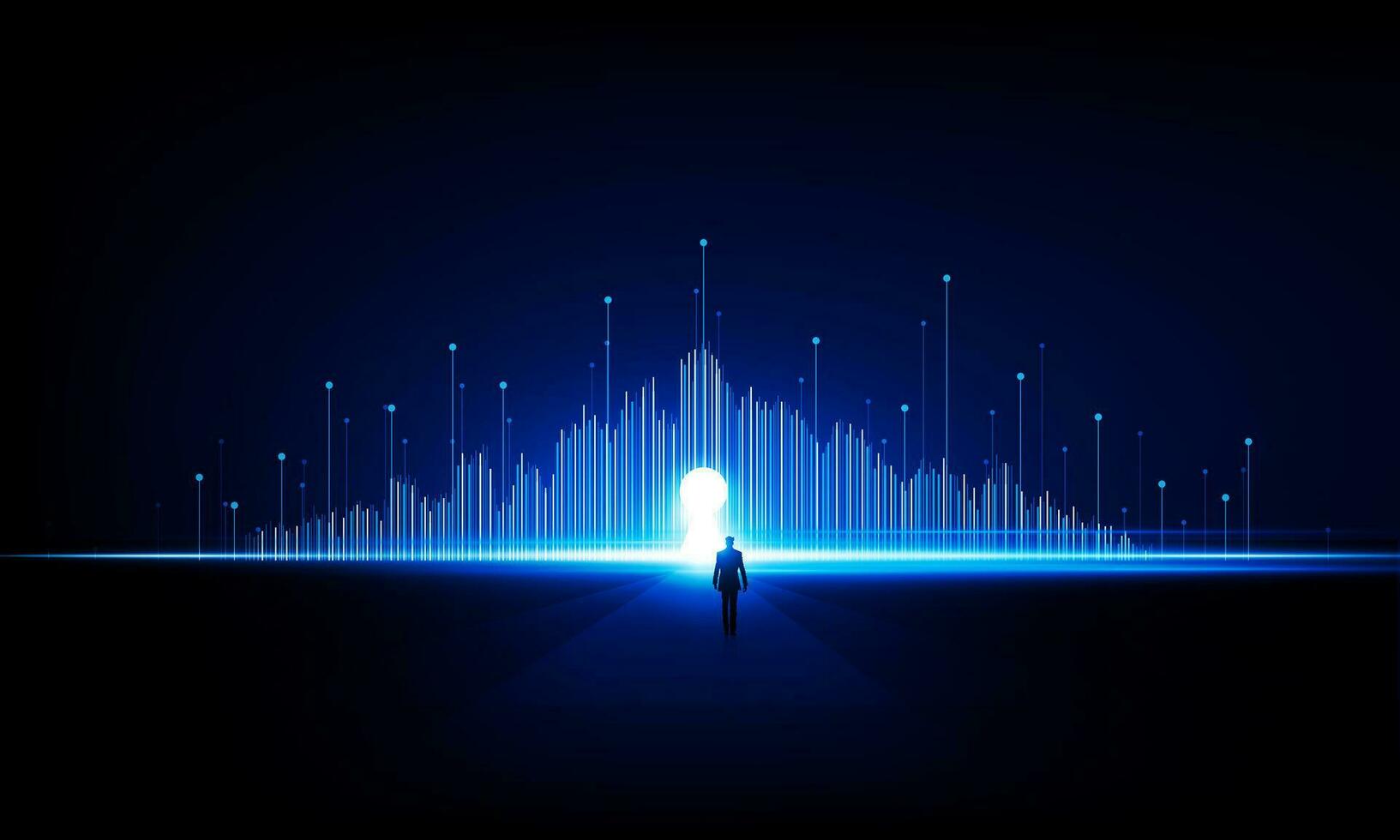 Abstract Businessman walks into the door of success city open Light technology background Hitech communication concept innovation background vector design.
