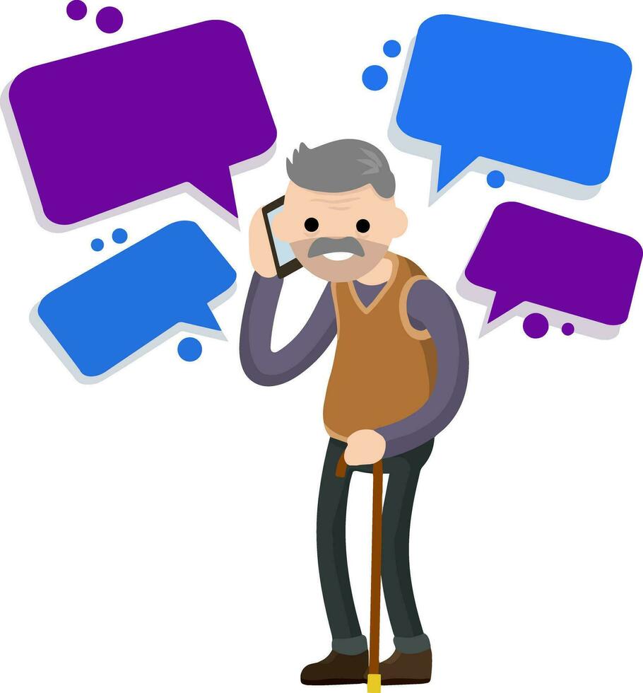 Grandfather call on phone. Old Senior man. Communication generations. Family and friendship. Lifestyle and pastime of elder pensioner. Flat cartoon Cloud text bubble dialog. Conversation and Talk. vector