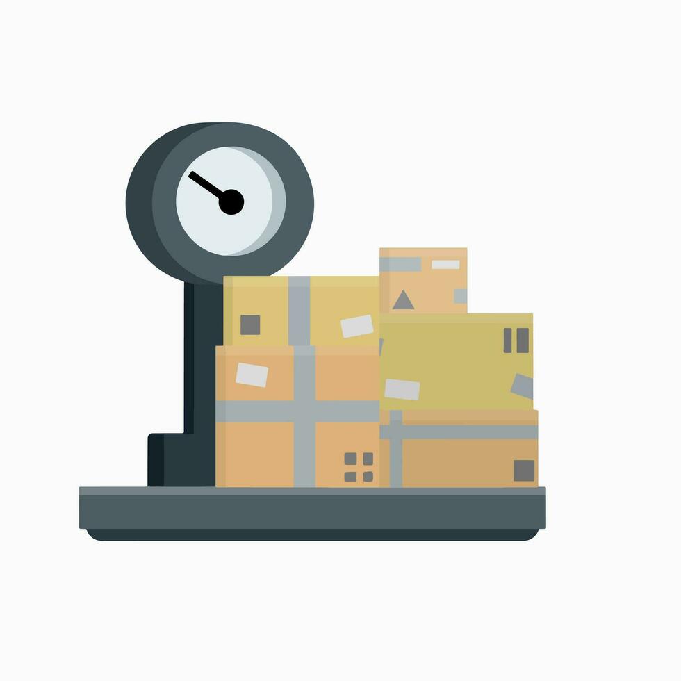 Box is on scale. Weighing of cargo and parcels. Industrial device with platform for heavy loads. Flat cartoon illustration. Logistics and delivery vector