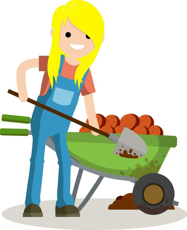 Rural girl dig potatoes with spade. rustic Cart with vegetables. countryside work. Element of village life. Planting and harvesting. Cartoon flat illustration vector