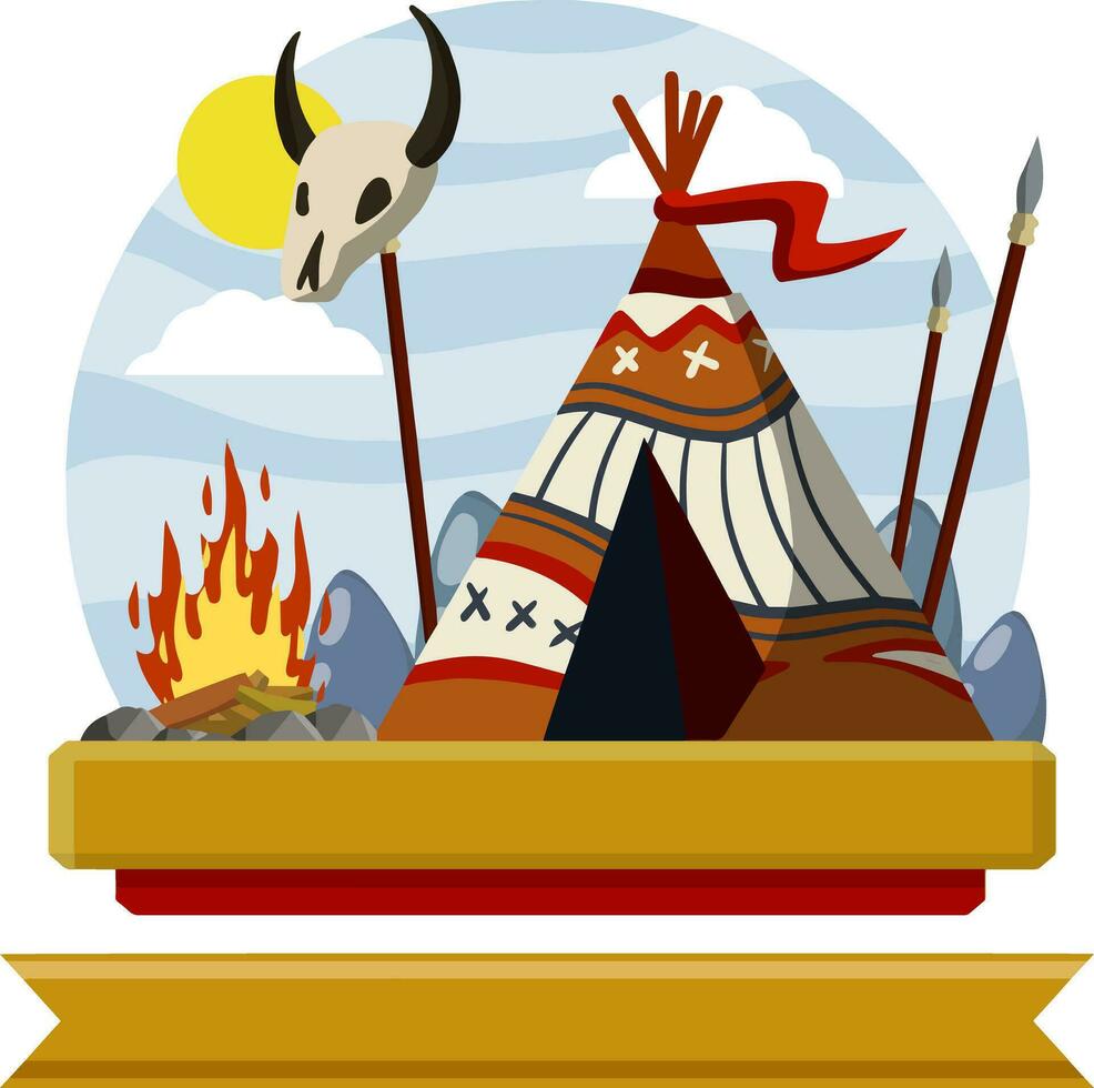 Indian wigwam. Native American house. National hut made of skins with pattern. Nature of landscape. Spears are weapons, fire, and animal's skull. Ribbon for text vector