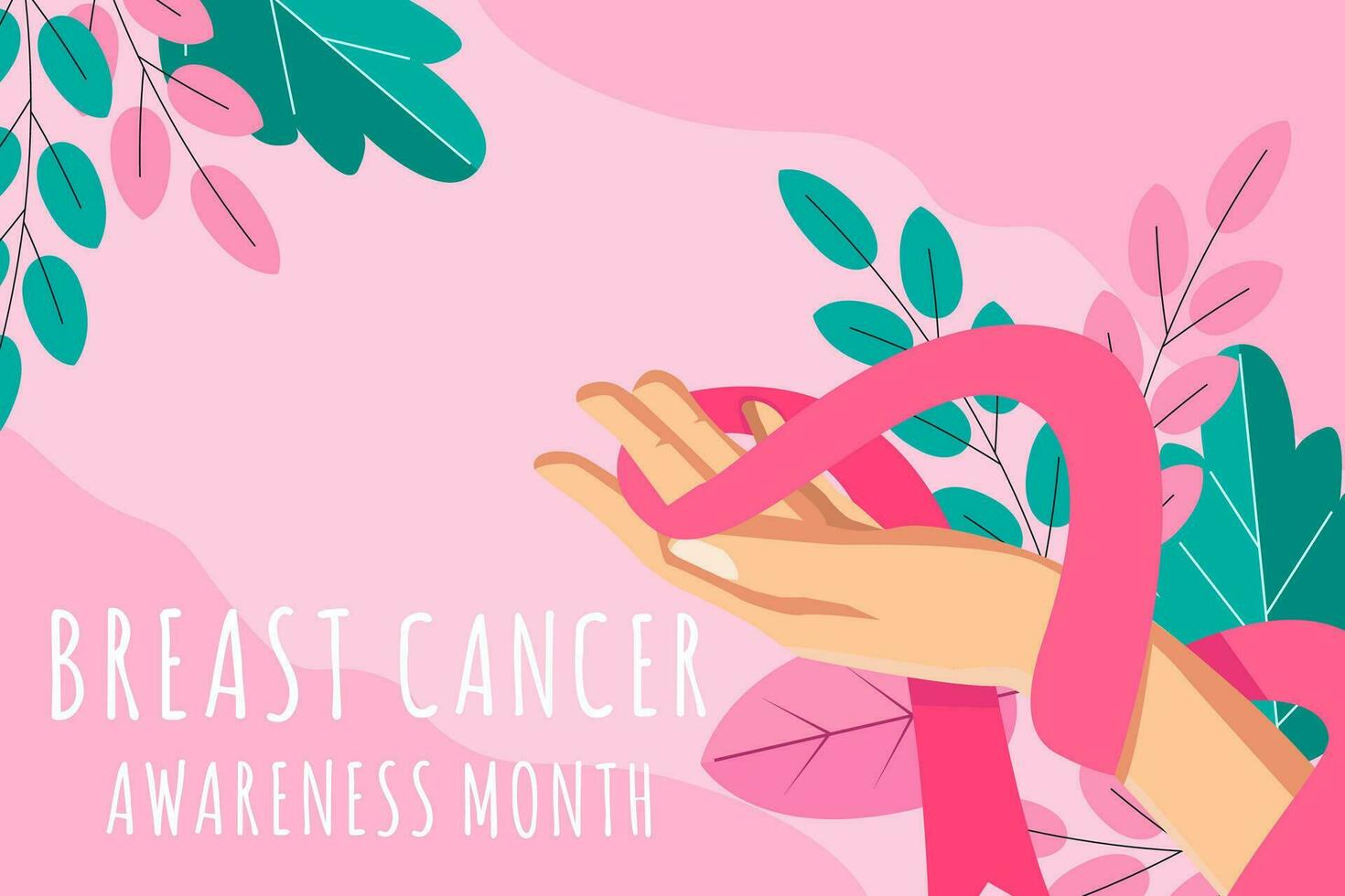 Breast Cancer Awareness Month background illustration with hands surrounded by ribbon vector