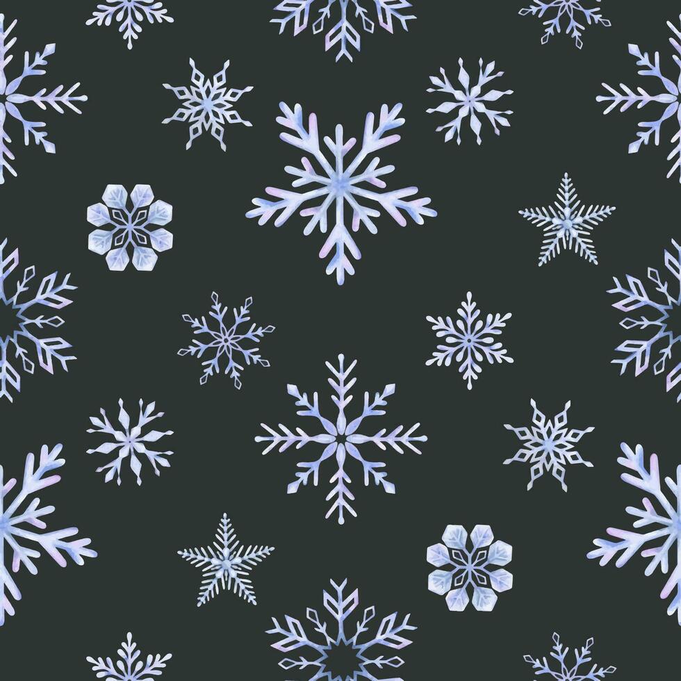 Snowflakes. Watercolor seamless pattern. Decorative winter background with hand drawn snowflakes, snow, stars. For fabric, wrapping paper, scrapbooking, postcards, invitations, cards vector