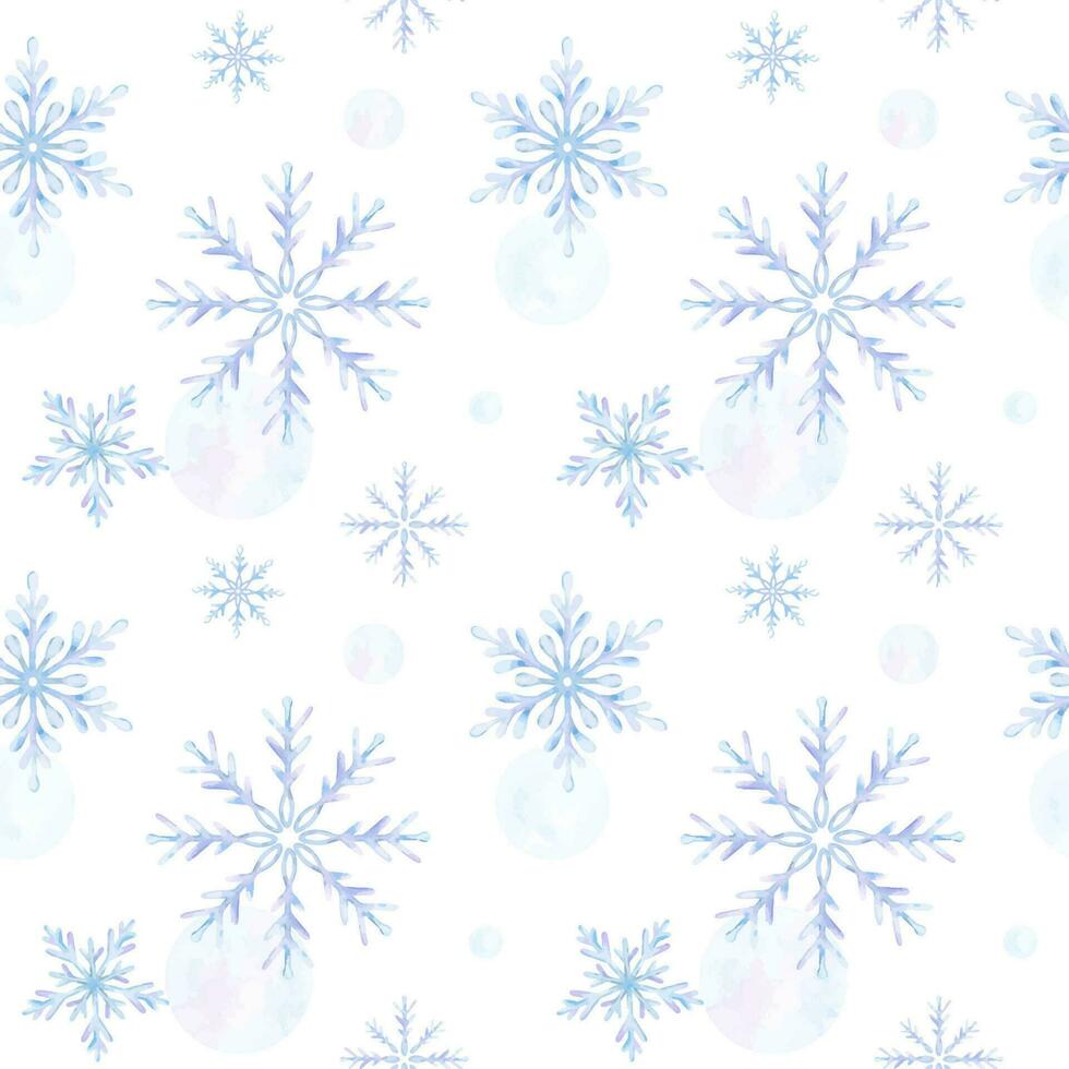 Snowflakes. Watercolor seamless pattern. Decorative winter background with hand drawn snowflakes, snow, stars. For fabric, wrapping paper, scrapbooking, postcards, invitations, cards vector