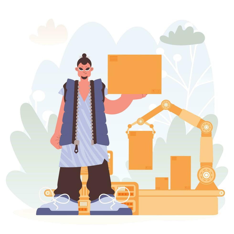 Shot in Progress. Boy with Box on Transport. vector