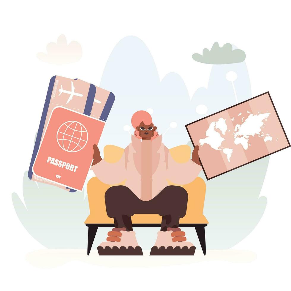 Travel of Organize. Plenteous lady with Around the world id and Talk around Tickets. vector