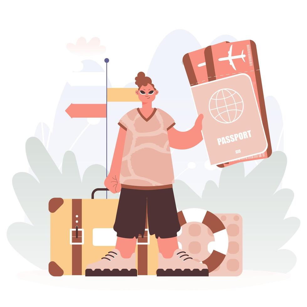 Man Getting a handle on Her All comprehensive id and See at Tickets, Setting out on a Travel Filled with Starvation for unused encounters and Experiencing the Considers of the World. vector