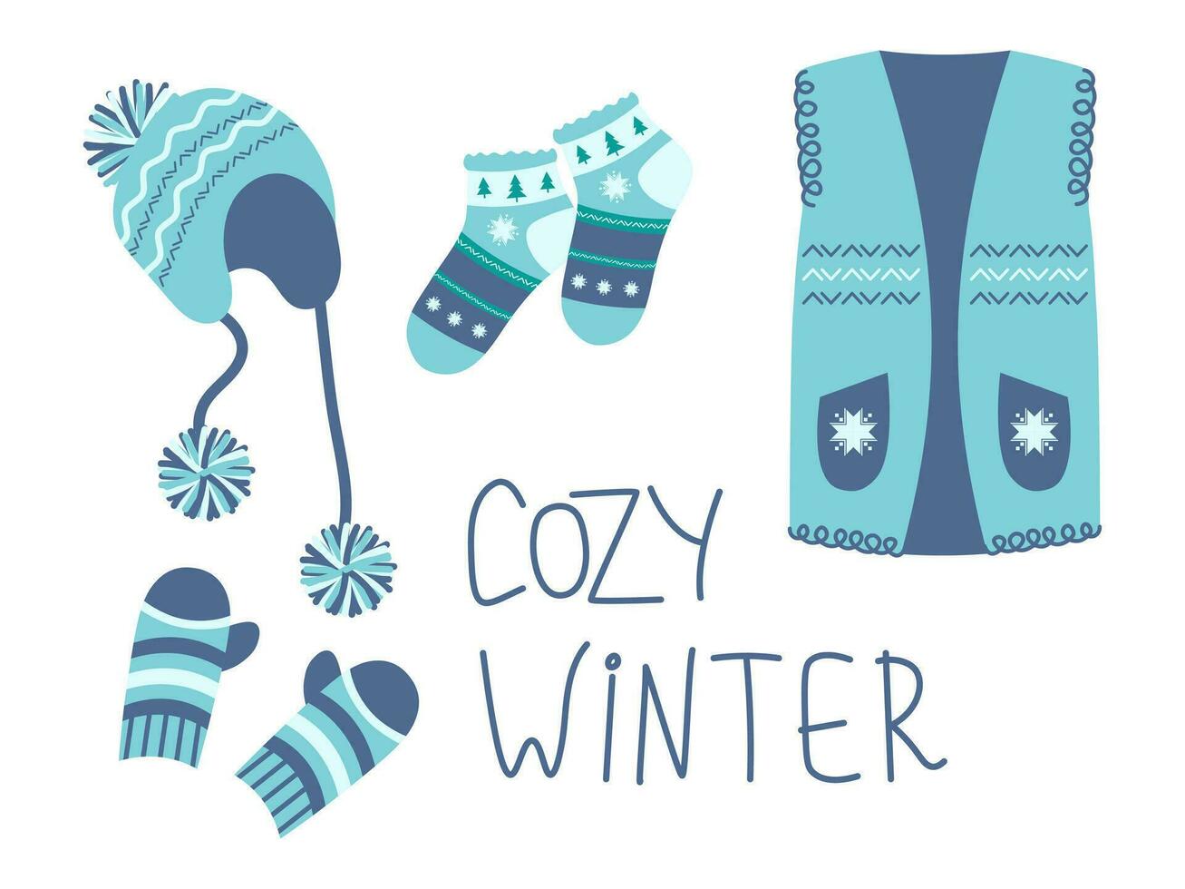 conjunto de invierno calentar ropa con escrito texto. vector ilustración para pegatinas, diseño, decoración