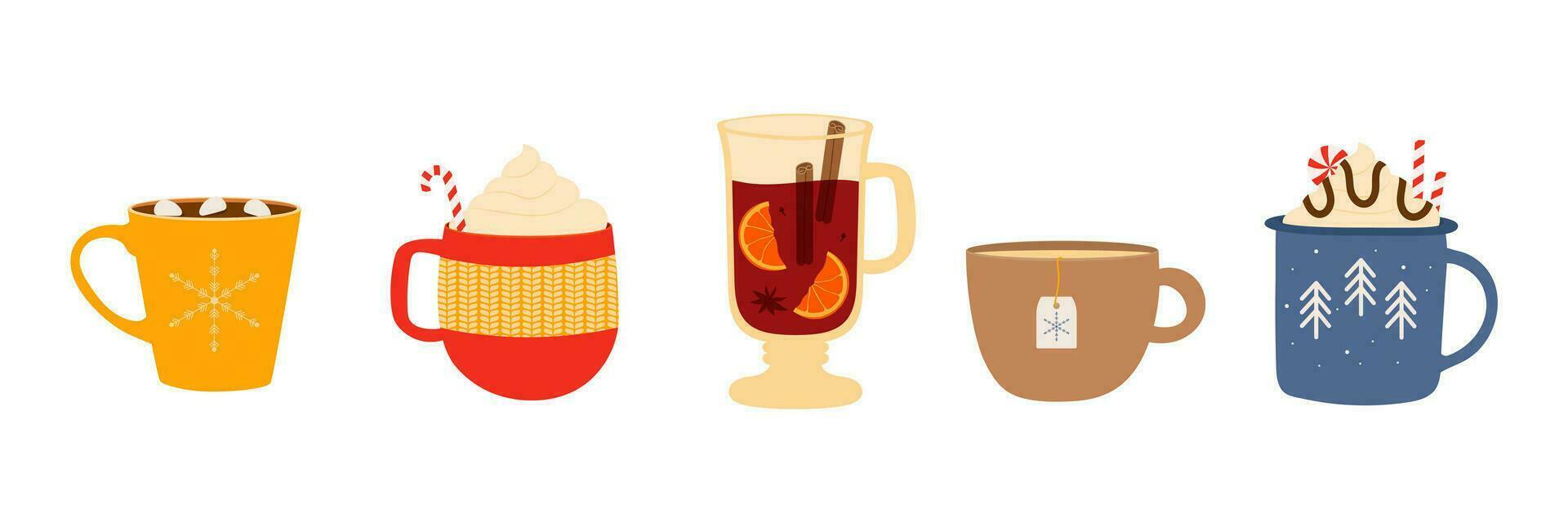 conjunto de caliente invierno bebidas tazas con calentar bebidas vector ilustración