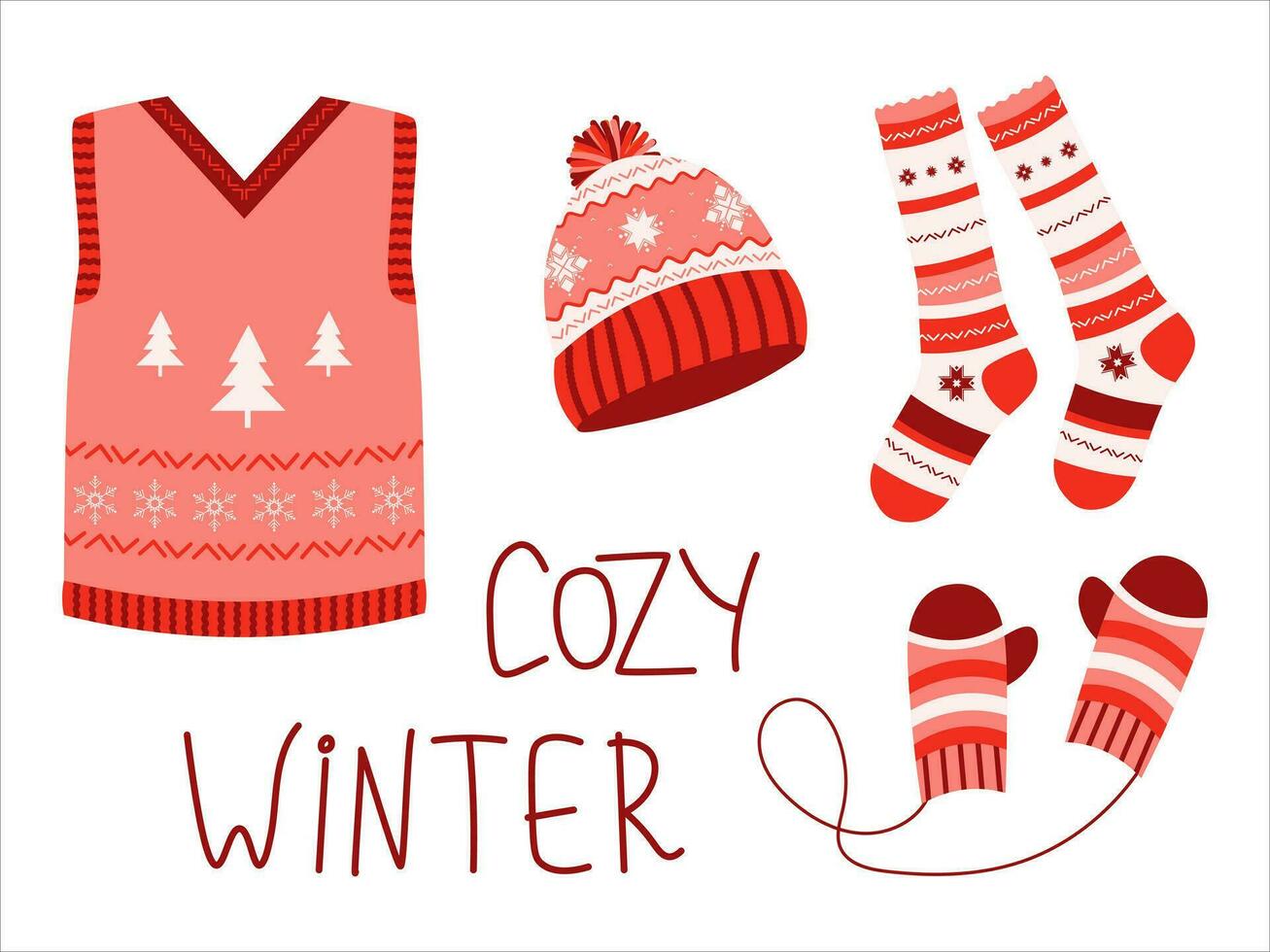 Set of winter warm clothes with handwritten text. Vector illustration for stickers, design, decoration