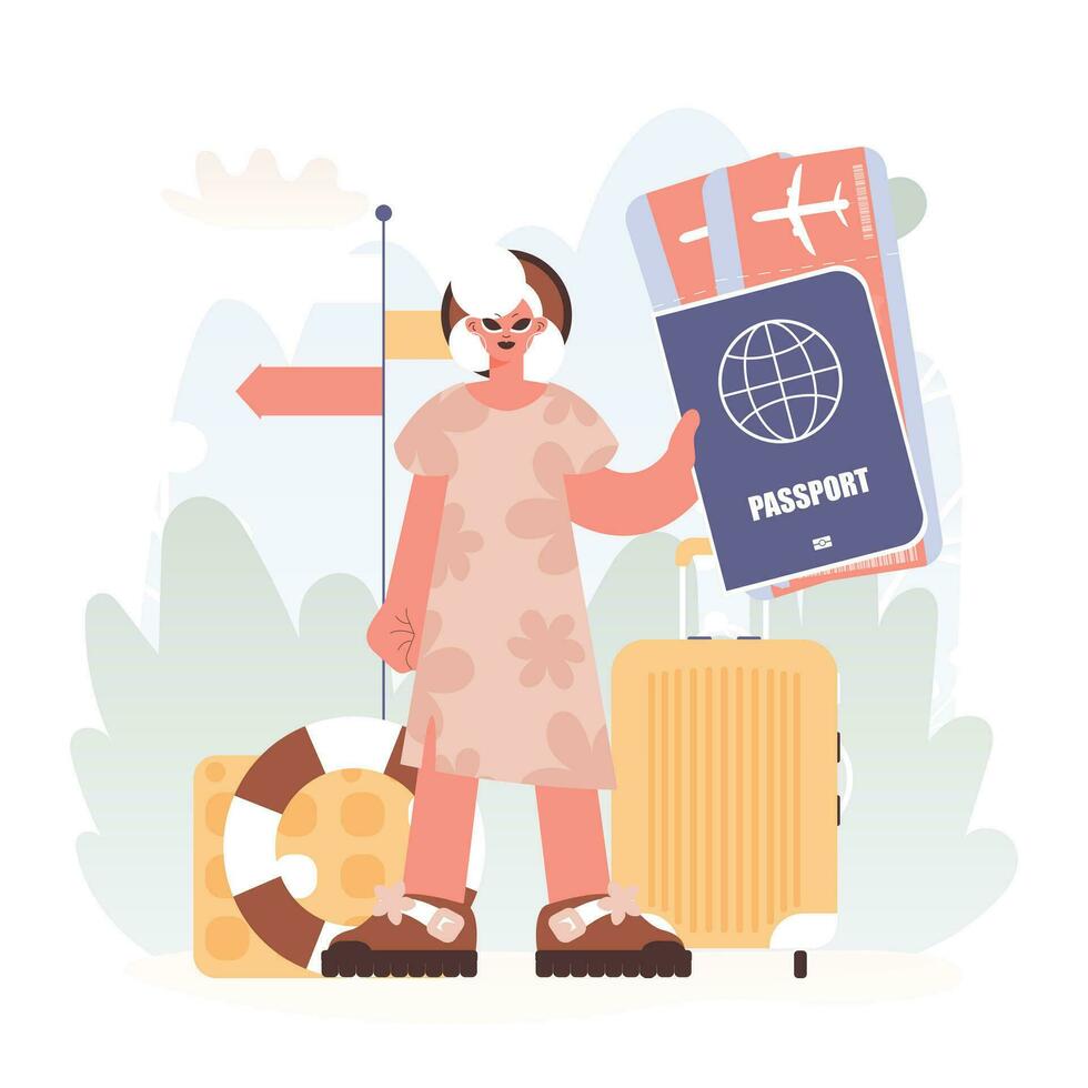 Young lady Getting a handle on Her Passport and Discourse generally Tickets, Setting out on a Travel Filled with Yearning for for something unused and Encountering the Considers of the World. vector