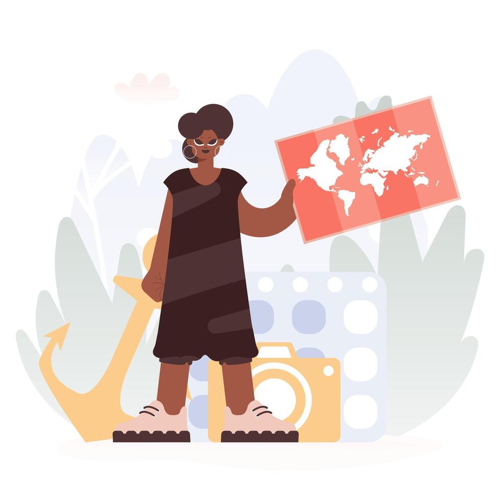 Young lady Holding a Chart, Revealing Unused Skylines, Getting a handle on the Experience of Travel and the Charm of Looking at the World. vector