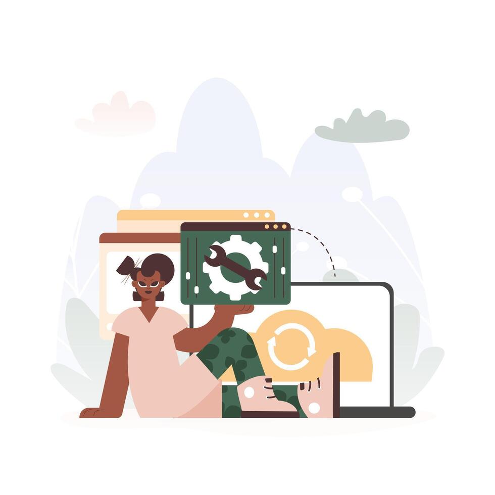 A Vector Diagram of a Youthful woman Holding a Browser Window with Gears and Torque, Idealize for Tech and Advancement Concepts.