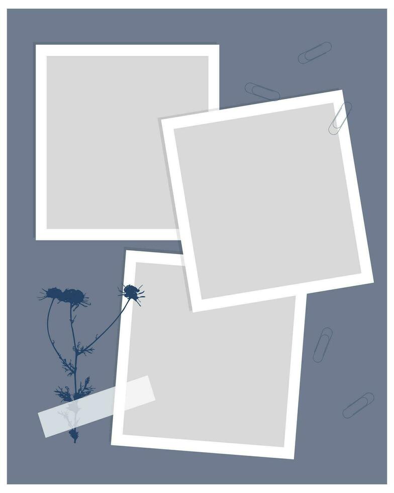 Photo book template on a blue background in scrapbooking style and collage vintage.  Chamomile herbal stamp. vector