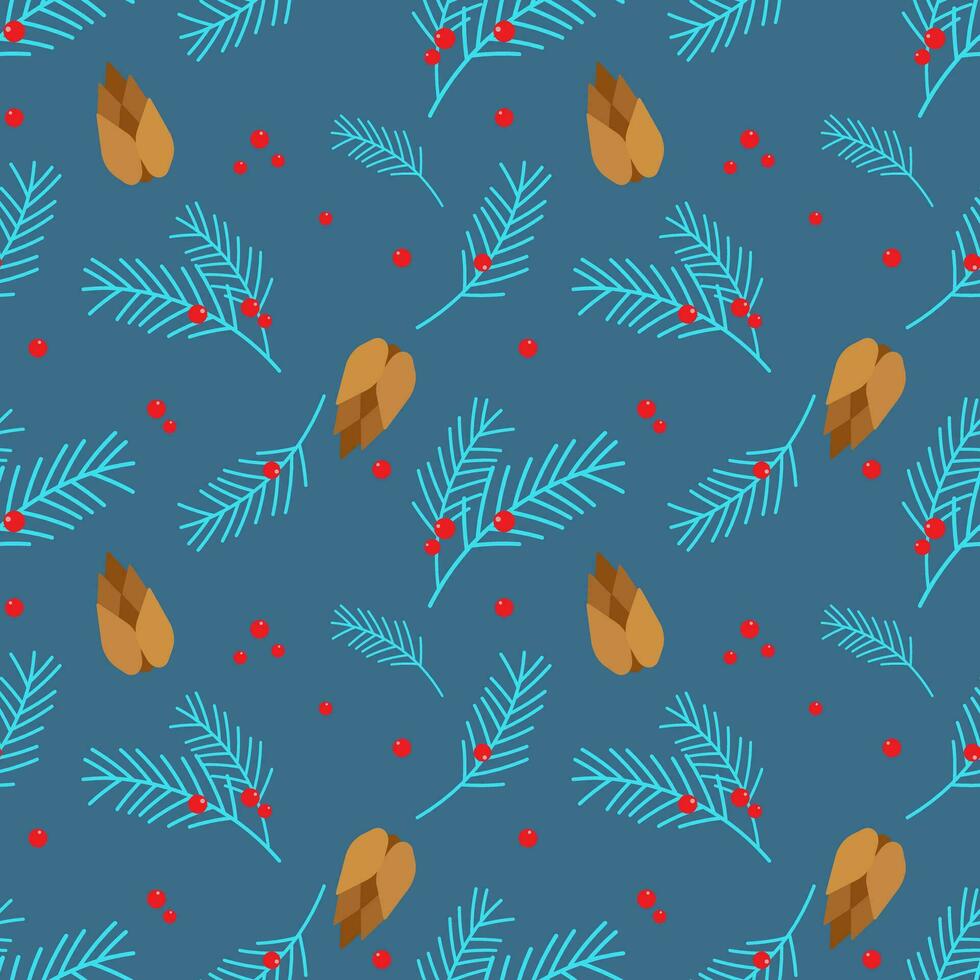 Christmas pattern with juniper branches and fir tree with berries and cones. Blue background. vector