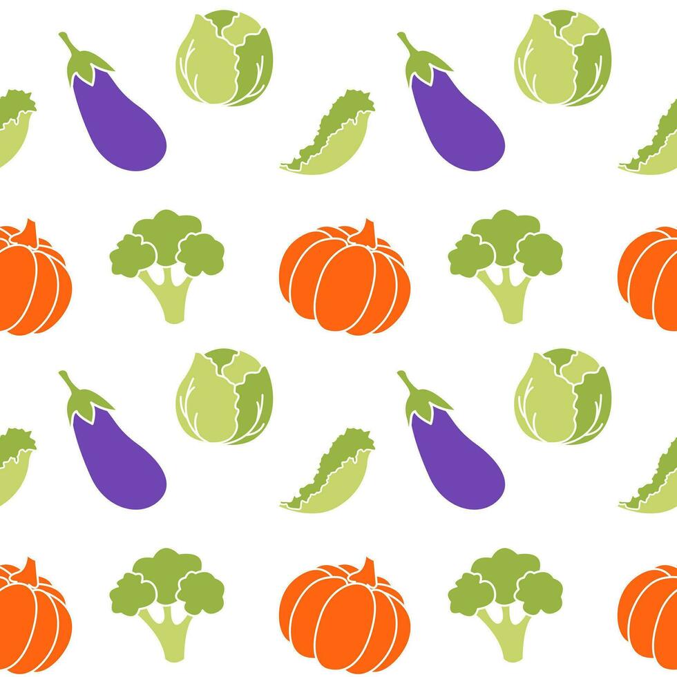 Vegetarian pattern with vegetables pumpkin eggplant broccoli salad, on a white background. vector