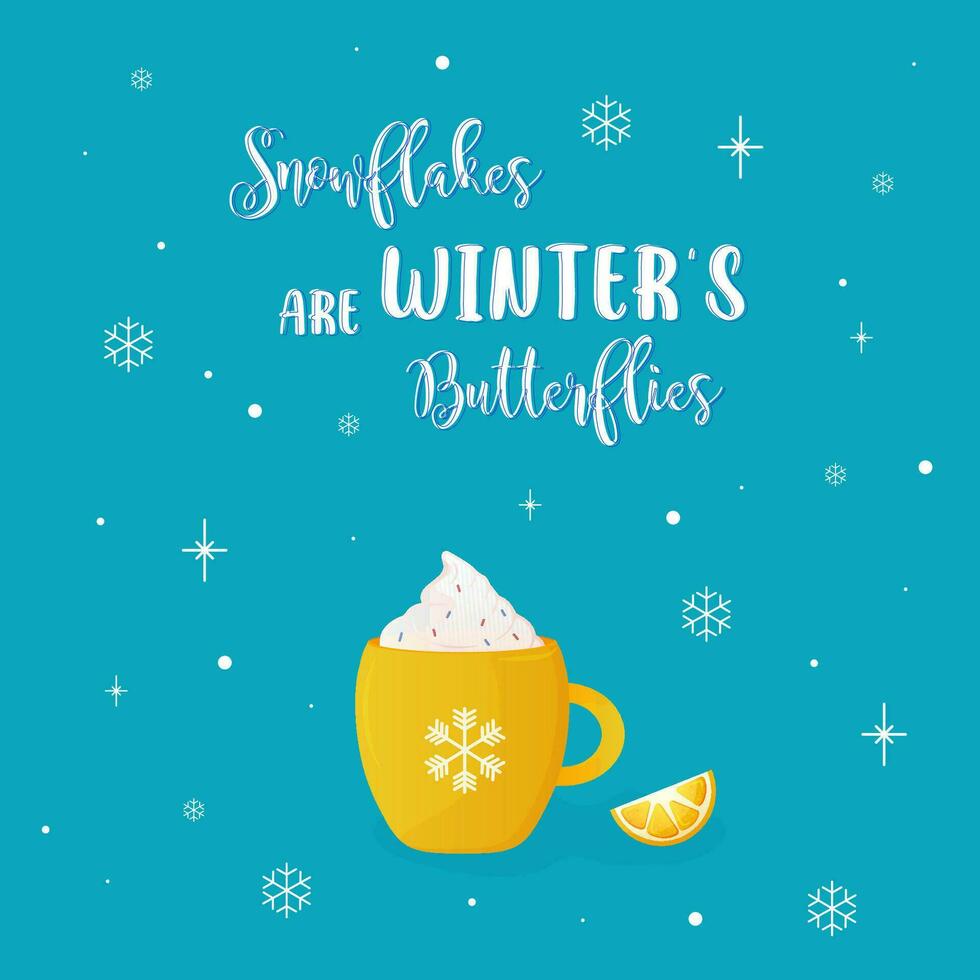 nuevo año tarjeta, inscripción, alegre Navidad con taza, bebidas, invierno vector