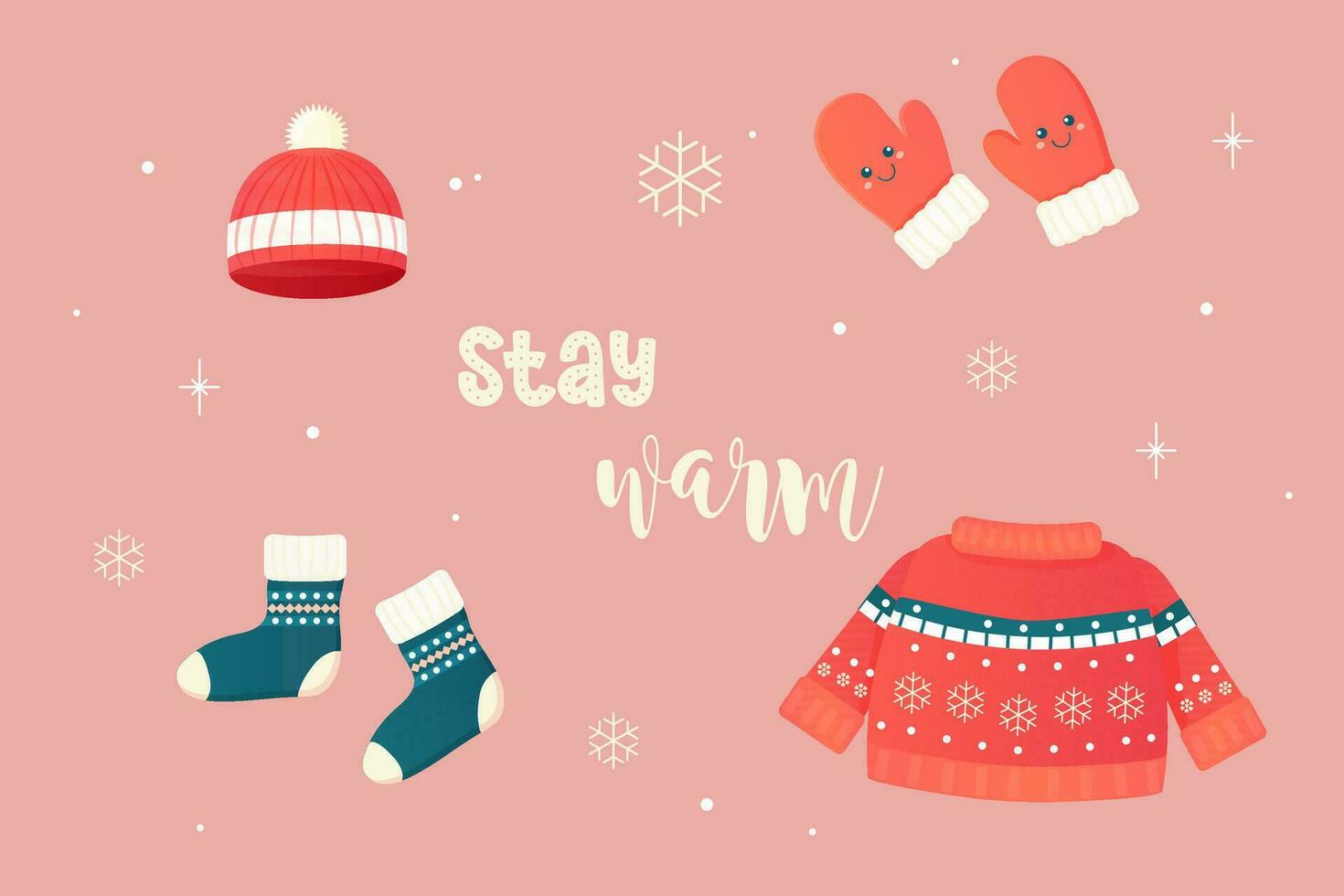 stay warm, clothes, accessories winter socks, jumper, hat vector