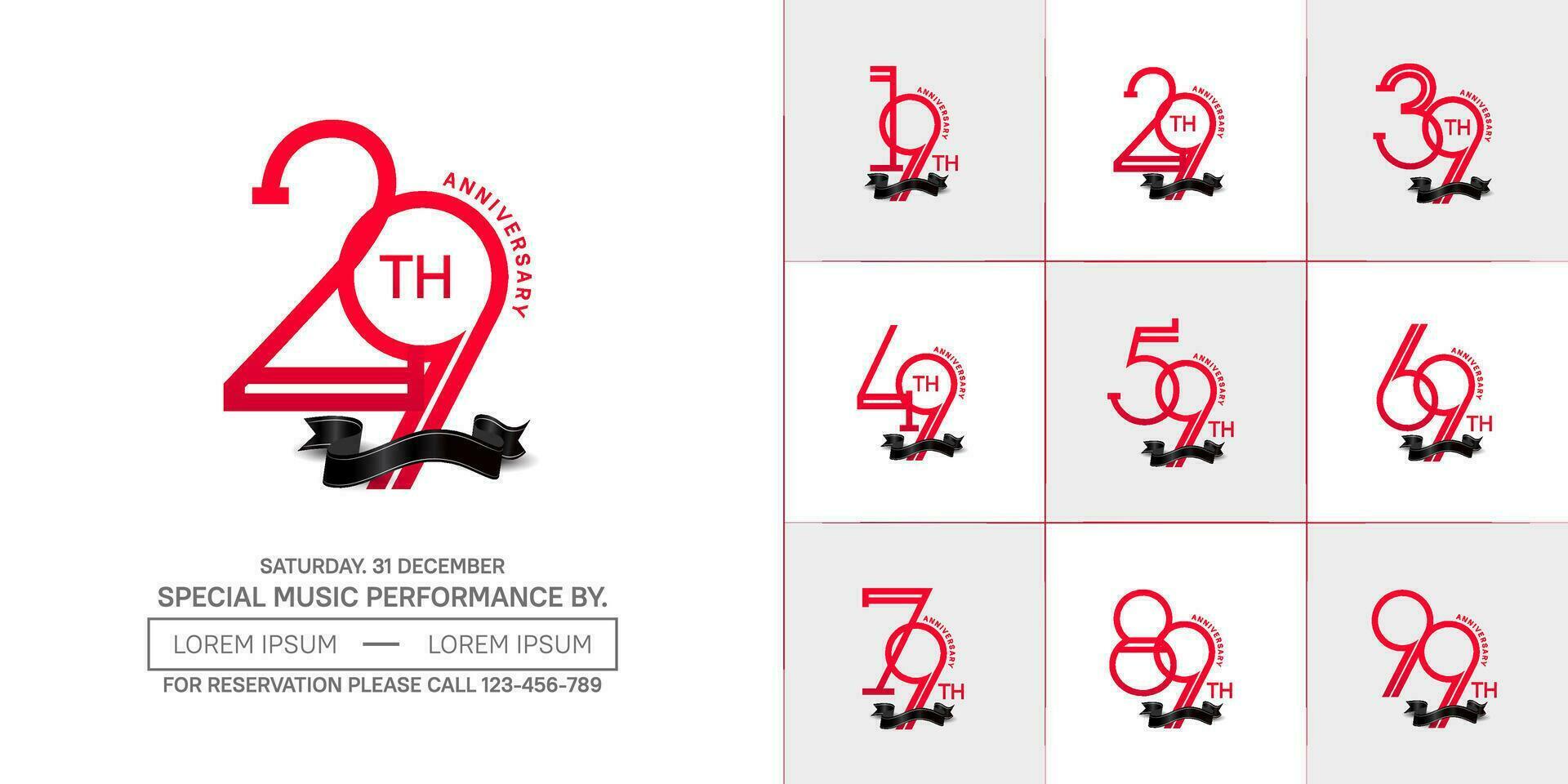 set of anniversary red color with black ribbon for special celebration event vector
