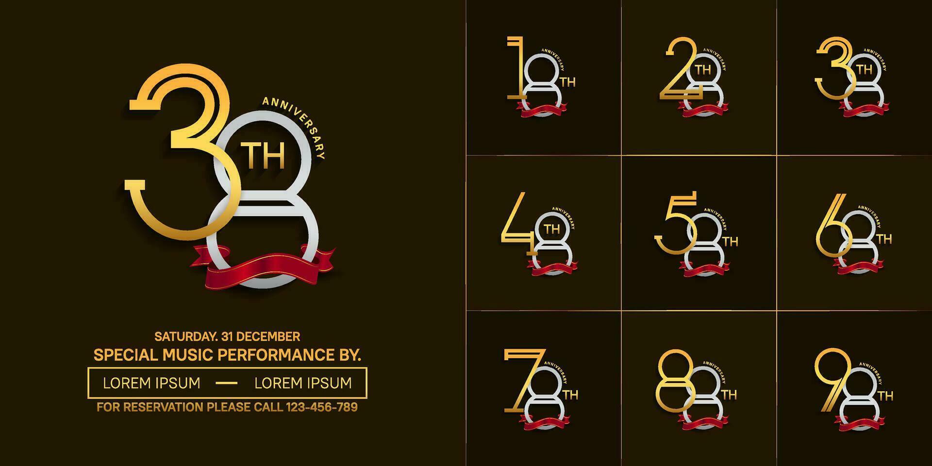 set of anniversary silver and golden color with red ribbon for special celebration event vector