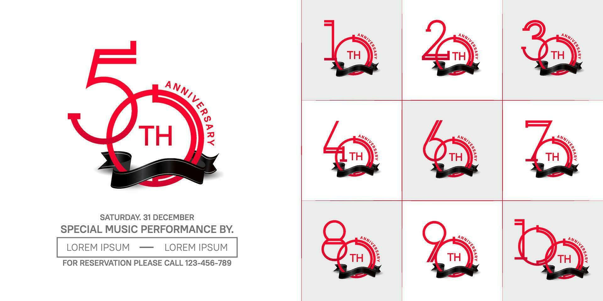 set of anniversary red color with black ribbon for special celebration event vector