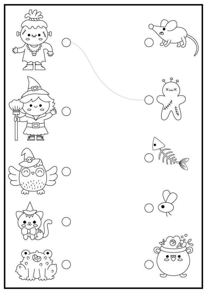 Halloween black and white matching activity with cute kawaii witch, owl, cat, monster. Autumn holiday line puzzle with cauldron, mouse, frog. Match the objects game. All saints day coloring page vector