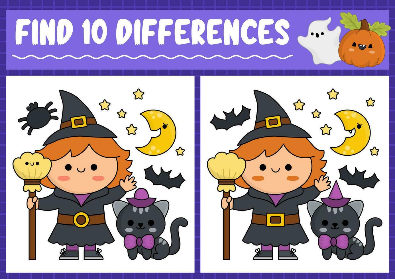 Halloween find differences game for children. Attention skills activity with cute witch, black cat, moon and broom. Puzzle for kids with funny characters. Printable what is different worksheet vector