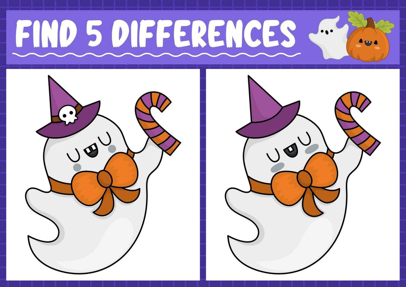 Halloween find differences game for children. Attention skills activity with cute ghost with stripy candy cane. Puzzle for kids with funny characters. Printable what is different worksheet vector