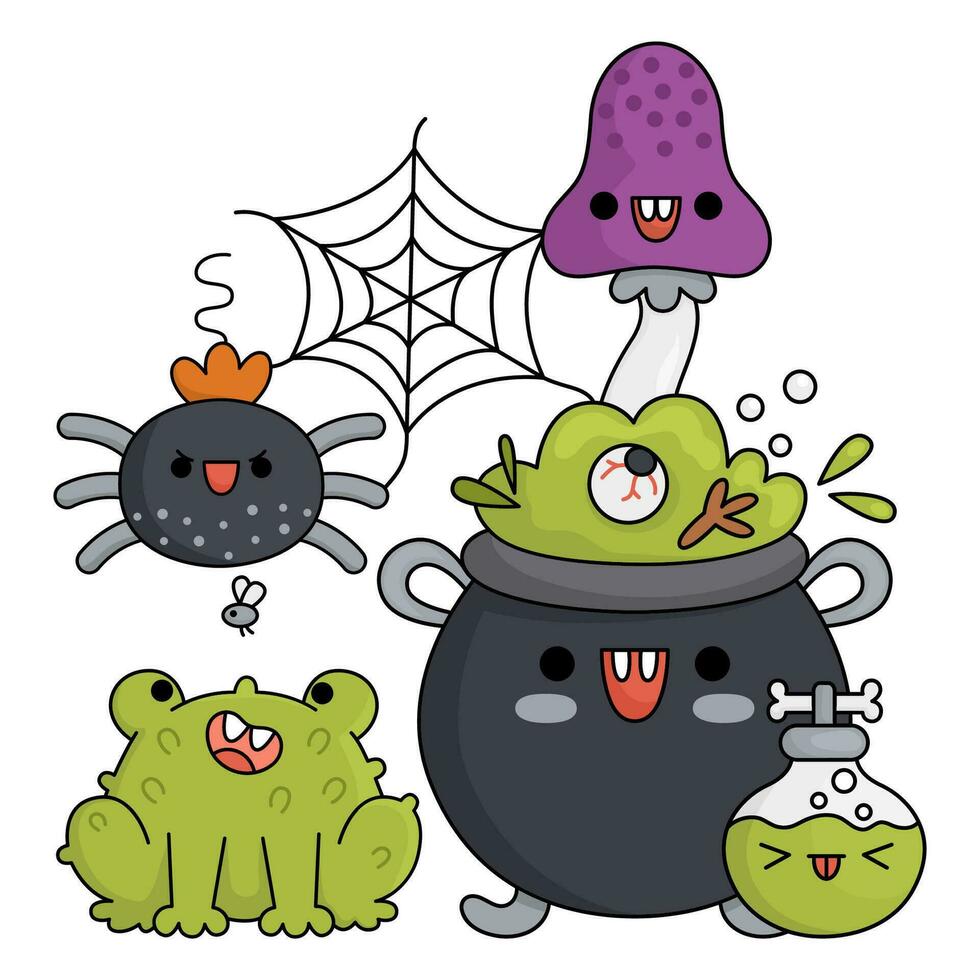 Vector kawaii cauldron with frog, potion, mushroom and spider on the web. Cute Halloween scene with characters. All saints day illustration. Funny trick or treat party concept for kids