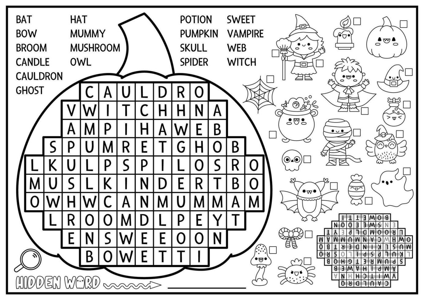 Vector black and white Halloween pumpkin shaped word search puzzle for kids. Autumn holiday quiz for children. Educational activity with kawaii symbols. English language cross word coloring page