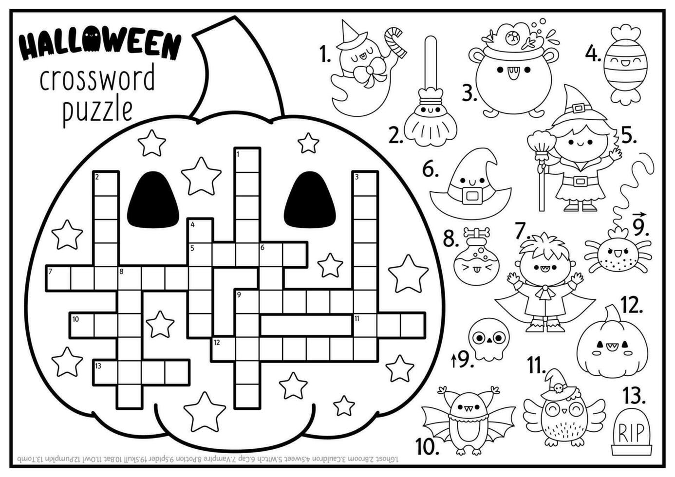 Vector black and white Halloween pumpkin shaped crossword puzzle for kids. Autumn holiday quiz for children. Educational activity with kawaii symbols. English language cross word coloring page