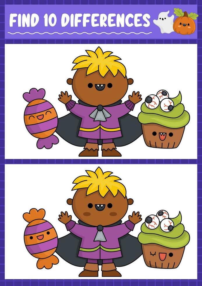 Halloween find differences game for children. Attention skills activity with cute vampire boy, sweet and scary cupcake. Puzzle for kids with funny characters. Printable what is different worksheet vector