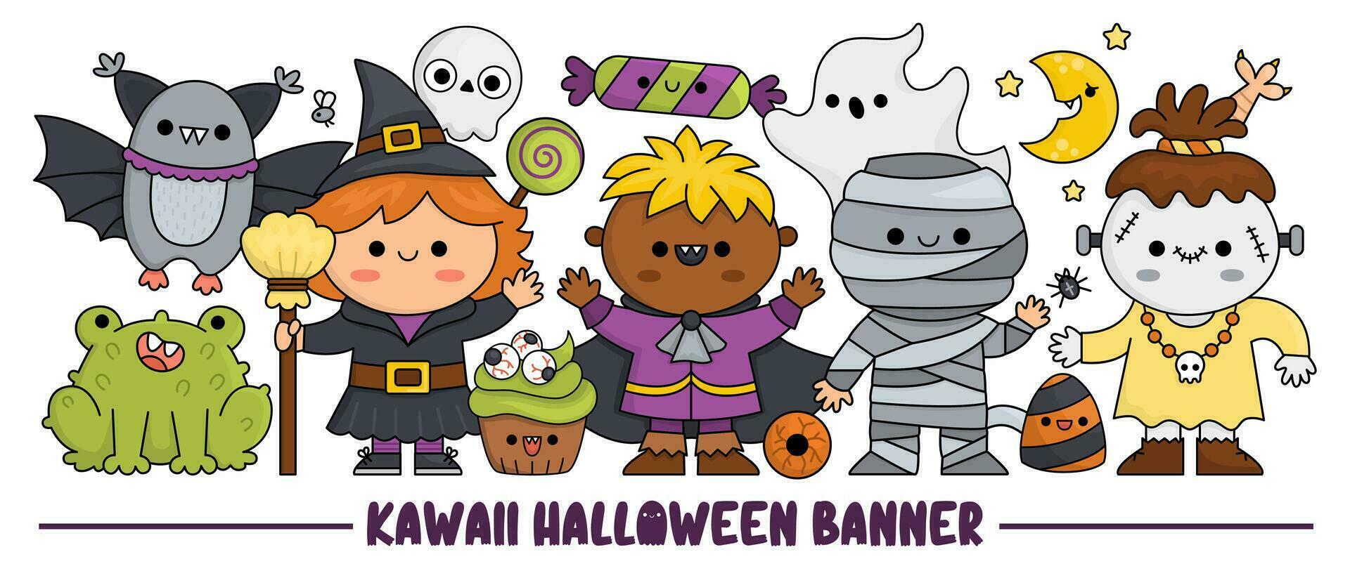 Halloween horizontal banner with cute kawaii characters for kids. Vector witch standing with vampire, mummy, bat, frog, ghost. Cute All saints day illustration. Funny trick or treat party set for kids
