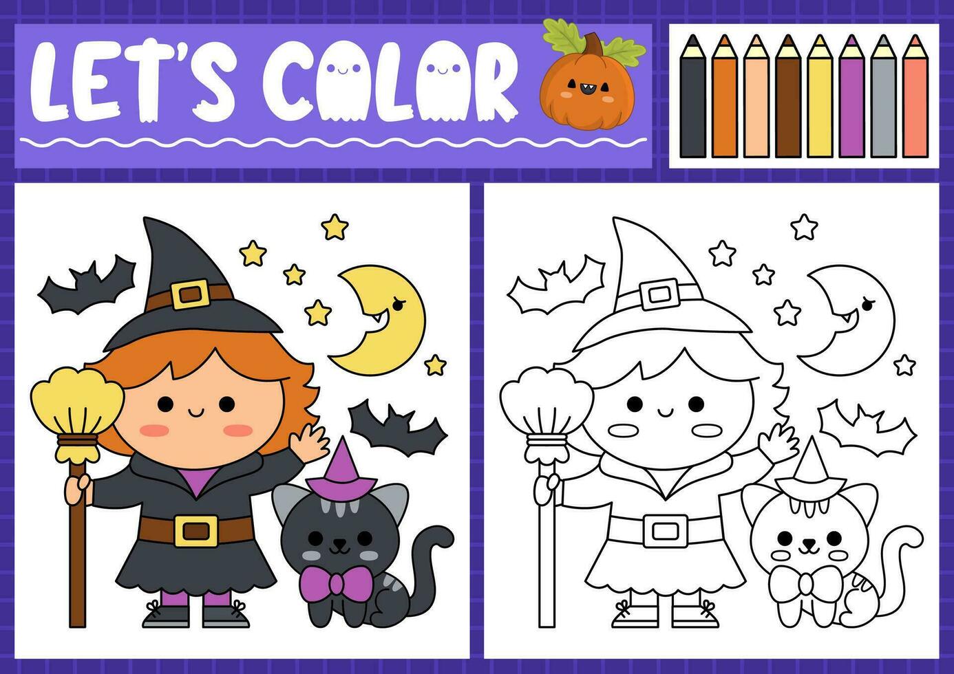 Halloween coloring page for children with cute kawaii witch and cat. Vector autumn holiday outline illustration. Color book for kids with colored example. Drawing skills printable worksheet