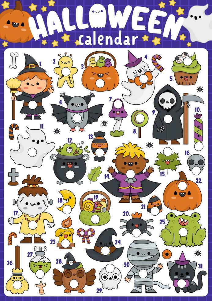 Vector Halloween advent calendar with traditional holiday symbols. Cute autumn all saints day planner for kids. Scary trick or treat poster design with cute kawaii witch, pumpkin, vampire, ghost