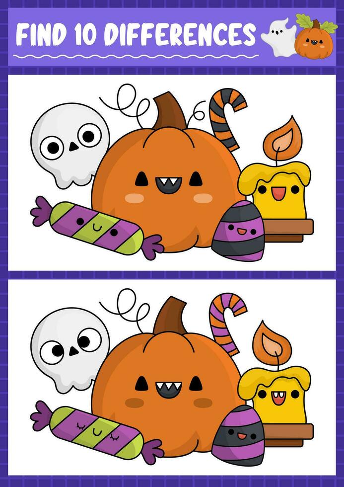 Halloween find differences game for children. Attention skills activity with cute pumpkin, sweets, skull and candle. Puzzle for kids with funny characters. Printable what is different worksheet vector