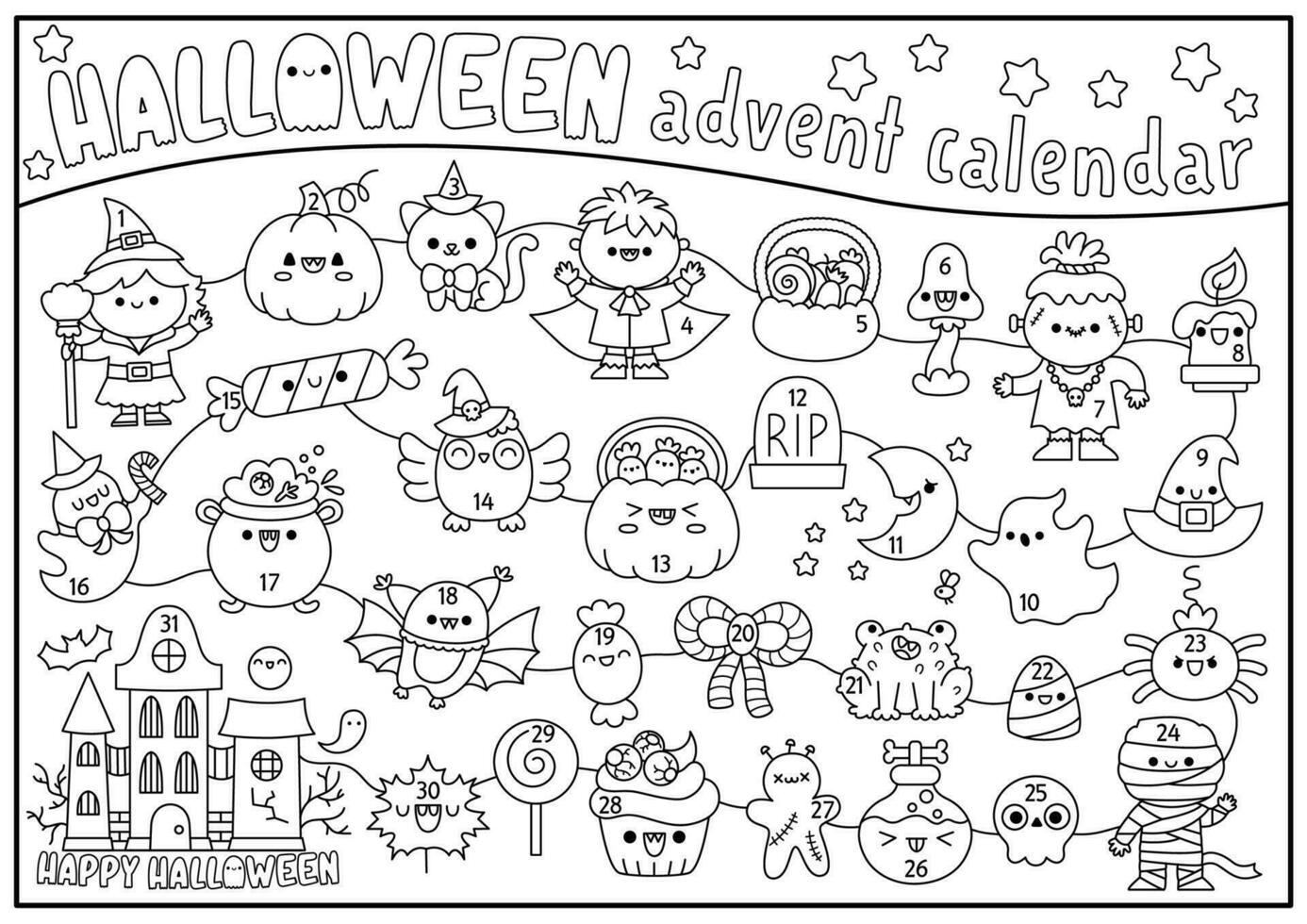 vector negro y blanco Víspera de Todos los Santos adviento calendario con linda kawaii caracteres. linda otoño todas santos día colorante planificador o laberinto para niños. de miedo truco o tratar póster diseño