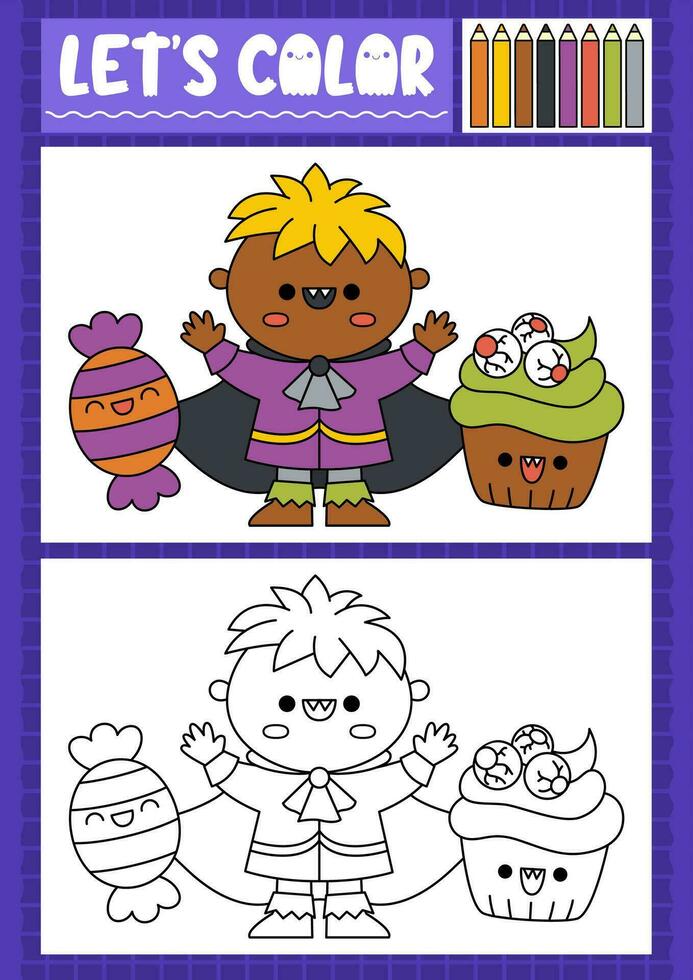 Halloween coloring page for children with cute kawaii vampire, sweets. Vector autumn holiday outline illustration. Color book for kids with colored example. Drawing skills printable worksheet