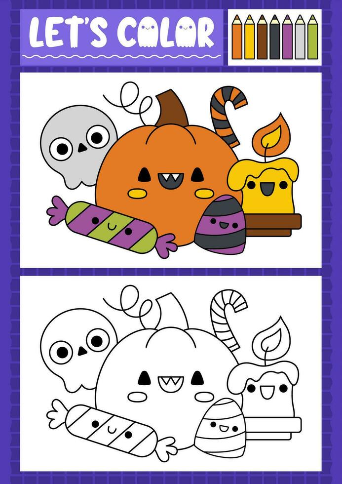 Halloween coloring page for children with cute kawaii sweets and treats. Vector autumn holiday outline illustration. Color book for kids with colored example. Drawing skills printable worksheet