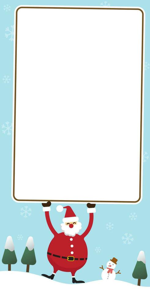 Happy Santa Claus lifted a blank signage have snowman and snowscape background. Christmas concept vertical template for advertisment. Cute Christmas illustration greeting card. vector