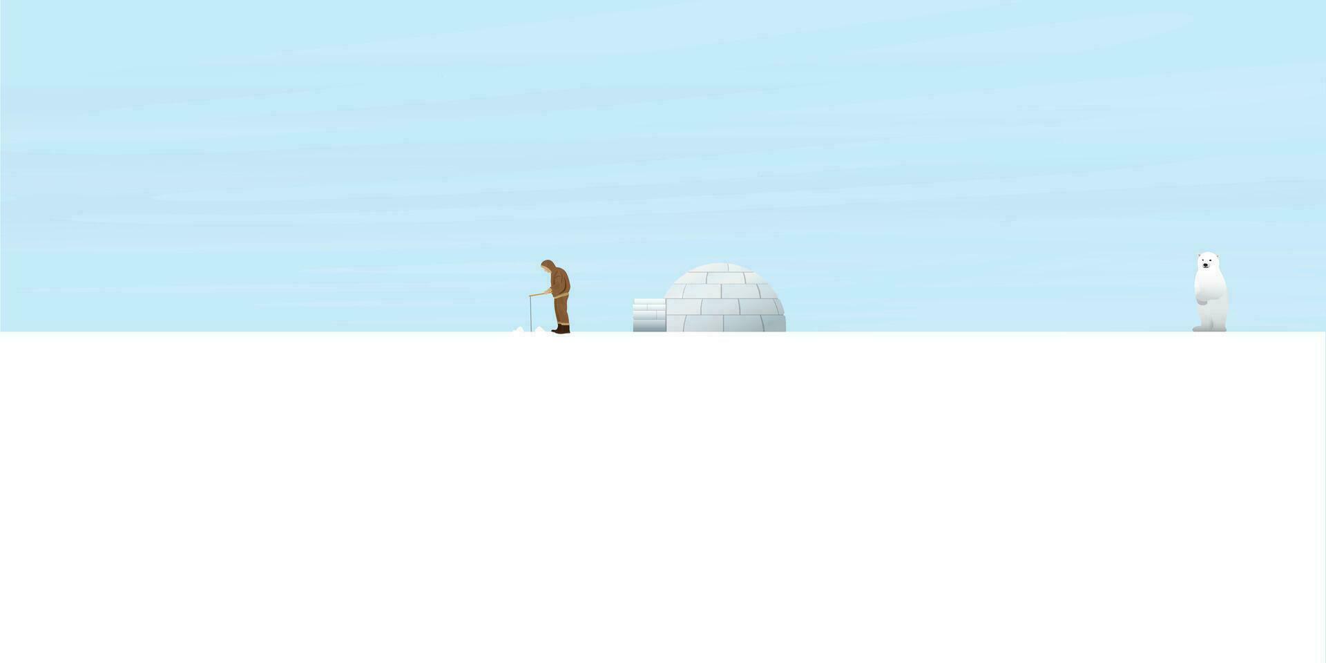 Eskimo fishing in front of igloo in snowland have polar bear looking from faraway flat design vector illustration.