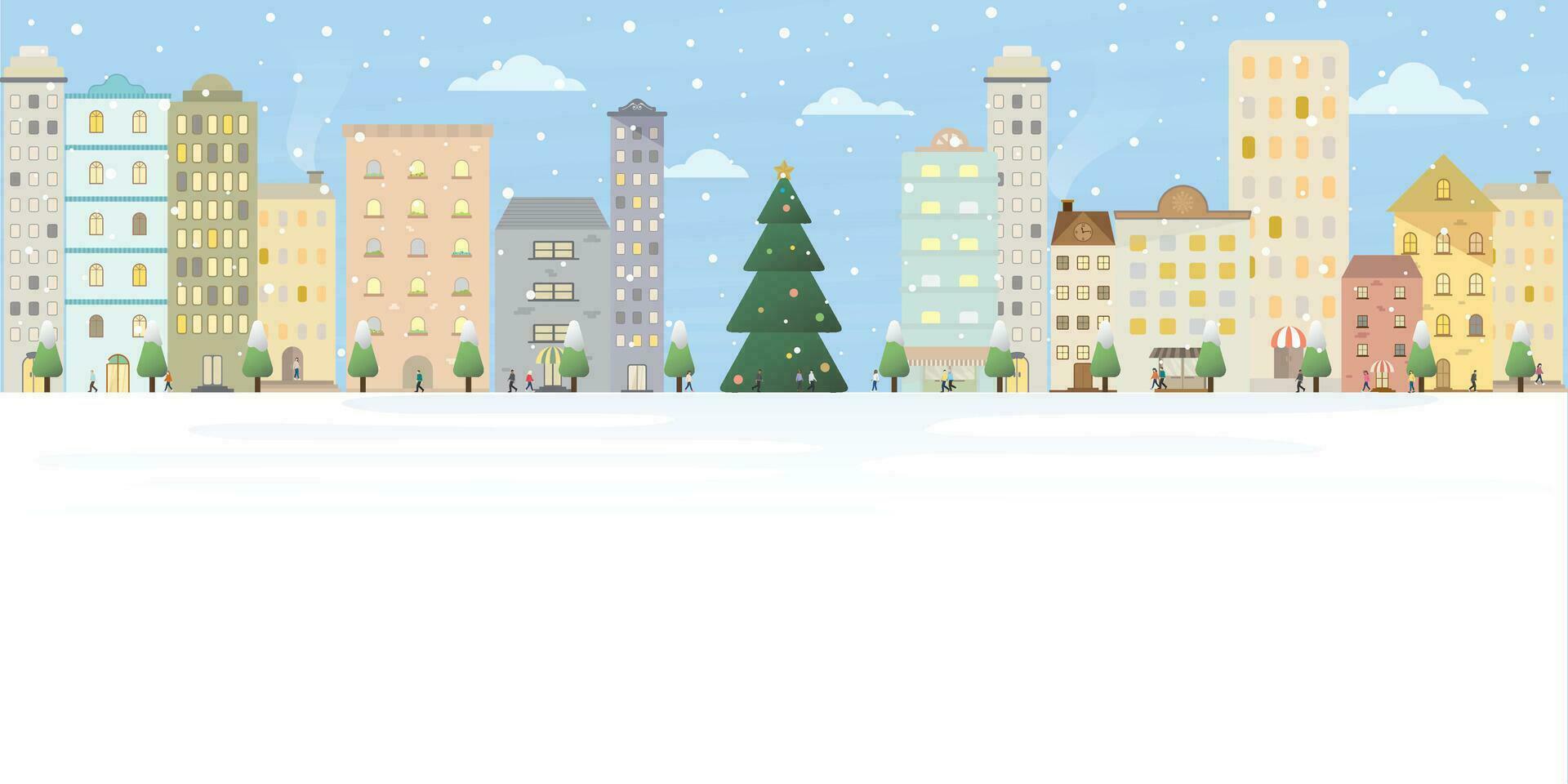 Winter in downtown with many people walking on sidewalk have giant decorated christmas tree located at center flat design vector illustration. Merry Christmas and Happy New Year greeting card.