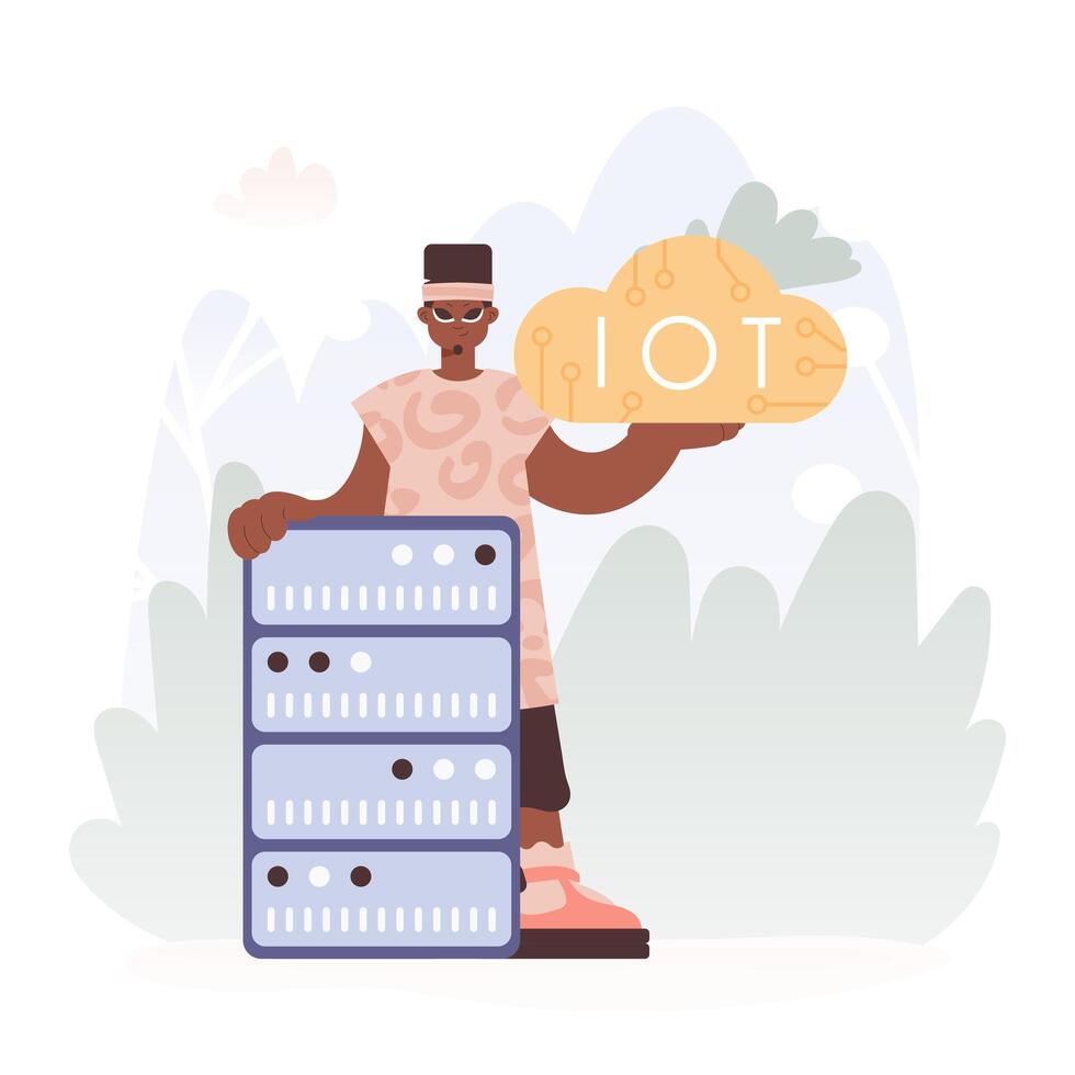 Man Getting a handle on the IoT Picture Inside parts the center of a Organize of Servers, Symbolizing the Interconnectivity and Mechanical Developments of Advanced Times. vector