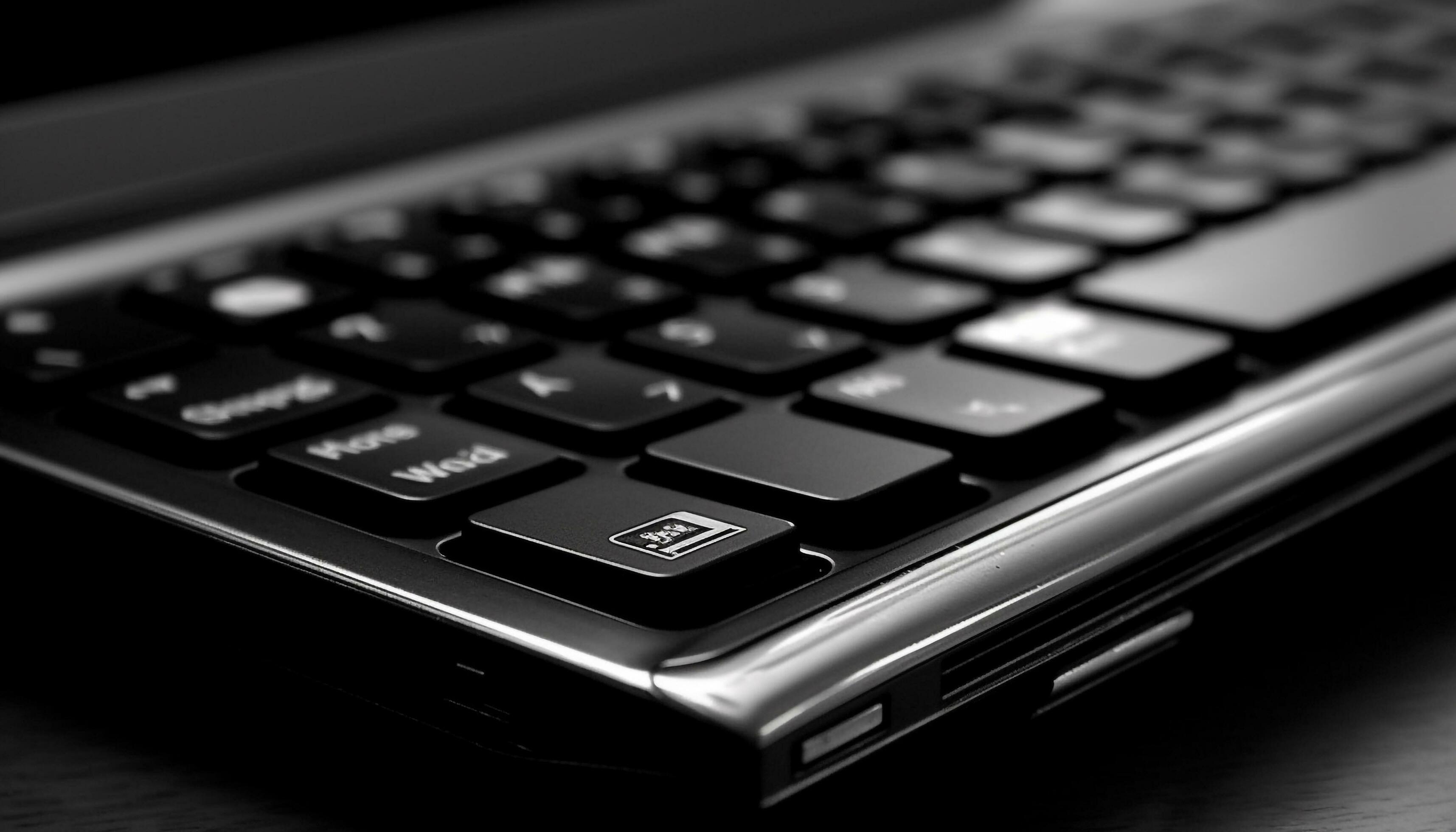 Modern computer keyboard, shiny black, on dark background generated by