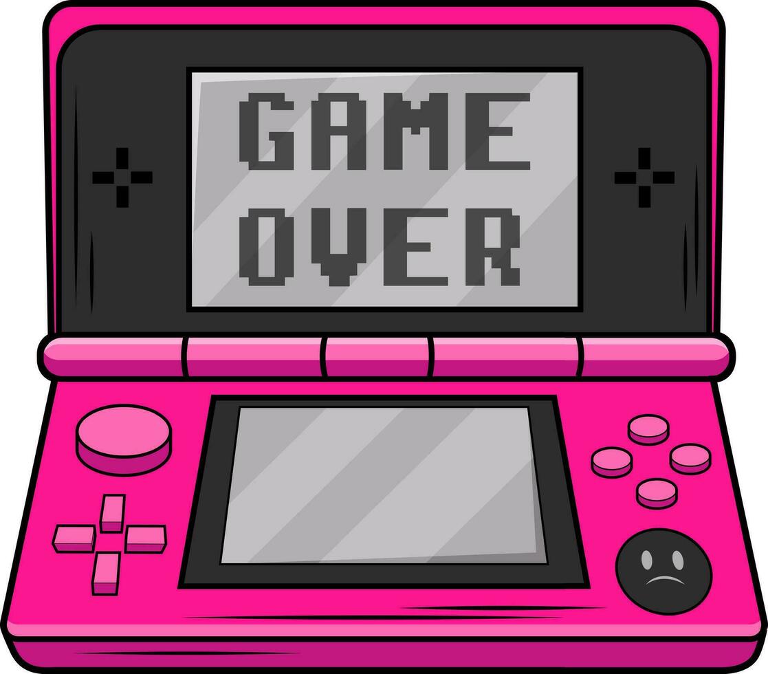 Retro game console in acid pink and black colors with inscription game over and sad emoji. Emo style. Vector illustration