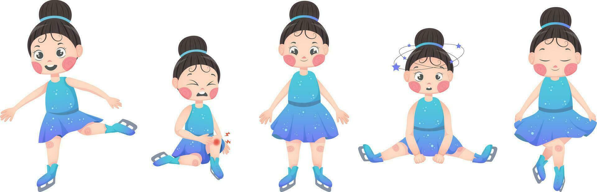 Cartoon girl figure skater in a sporty blue dress with sequins in different poses. Emotions and sensations, pain, joy, tenderness, dizziness, greeting. Vector illustration