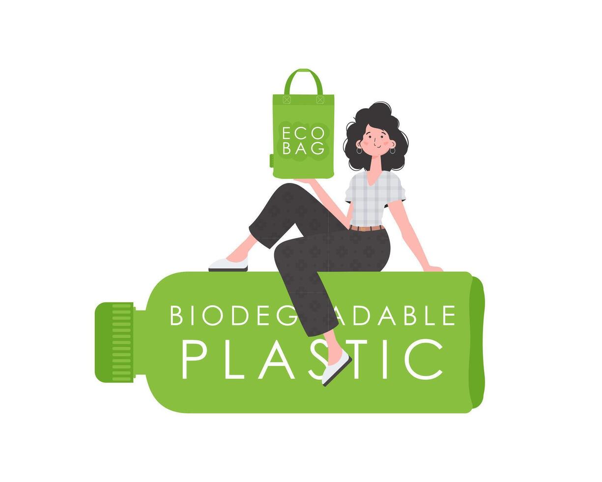 A woman sits on a bottle made of biodegradable plastic and holds an ECO BAG in her hands. The concept of ecology and care for the environment. Isolated. Trend style. illustration. vector