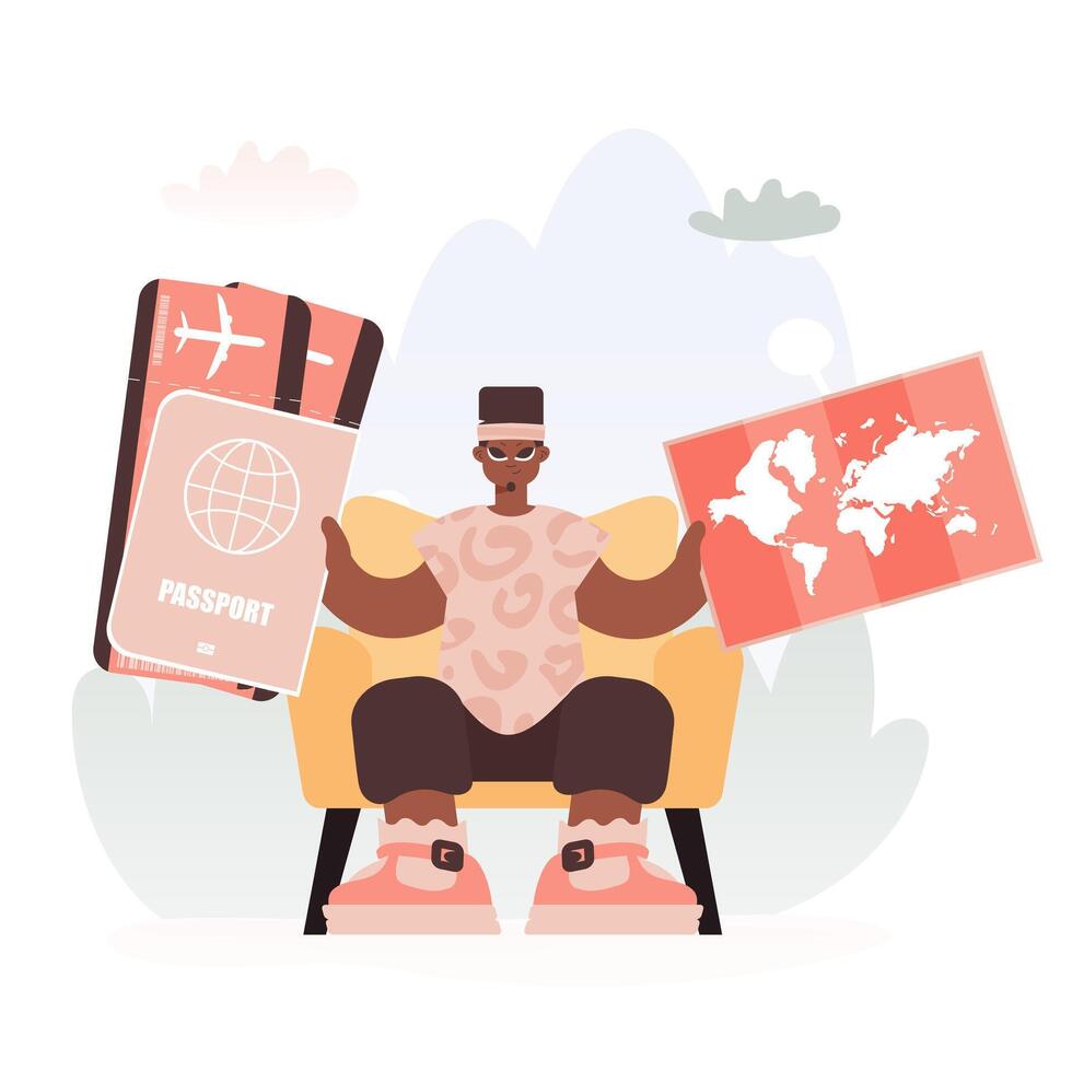 A man sitting on a chair with a suitcase and map vector