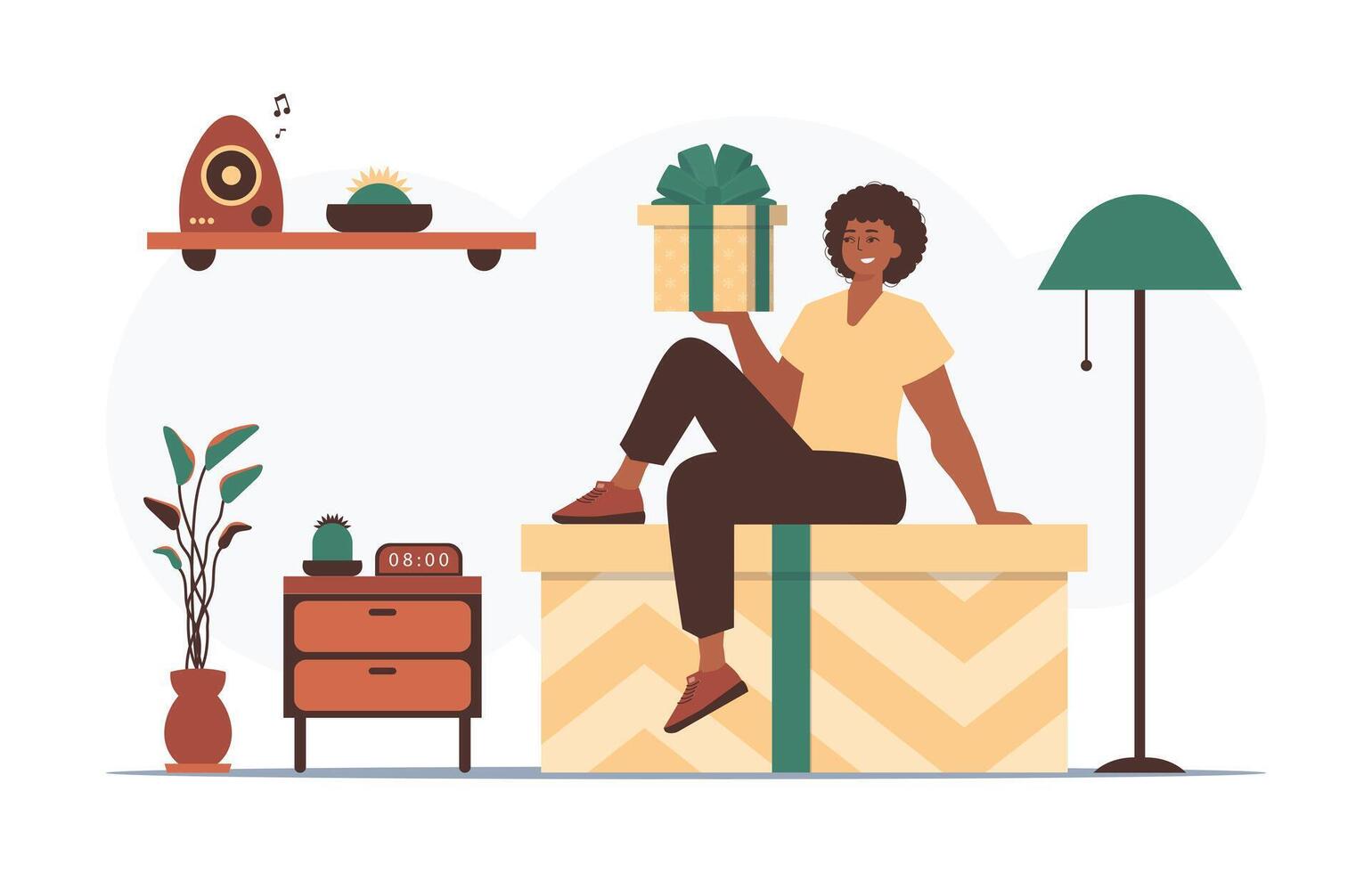 Christmas gift concept. The boy holds a festive gift box in his hands. vector