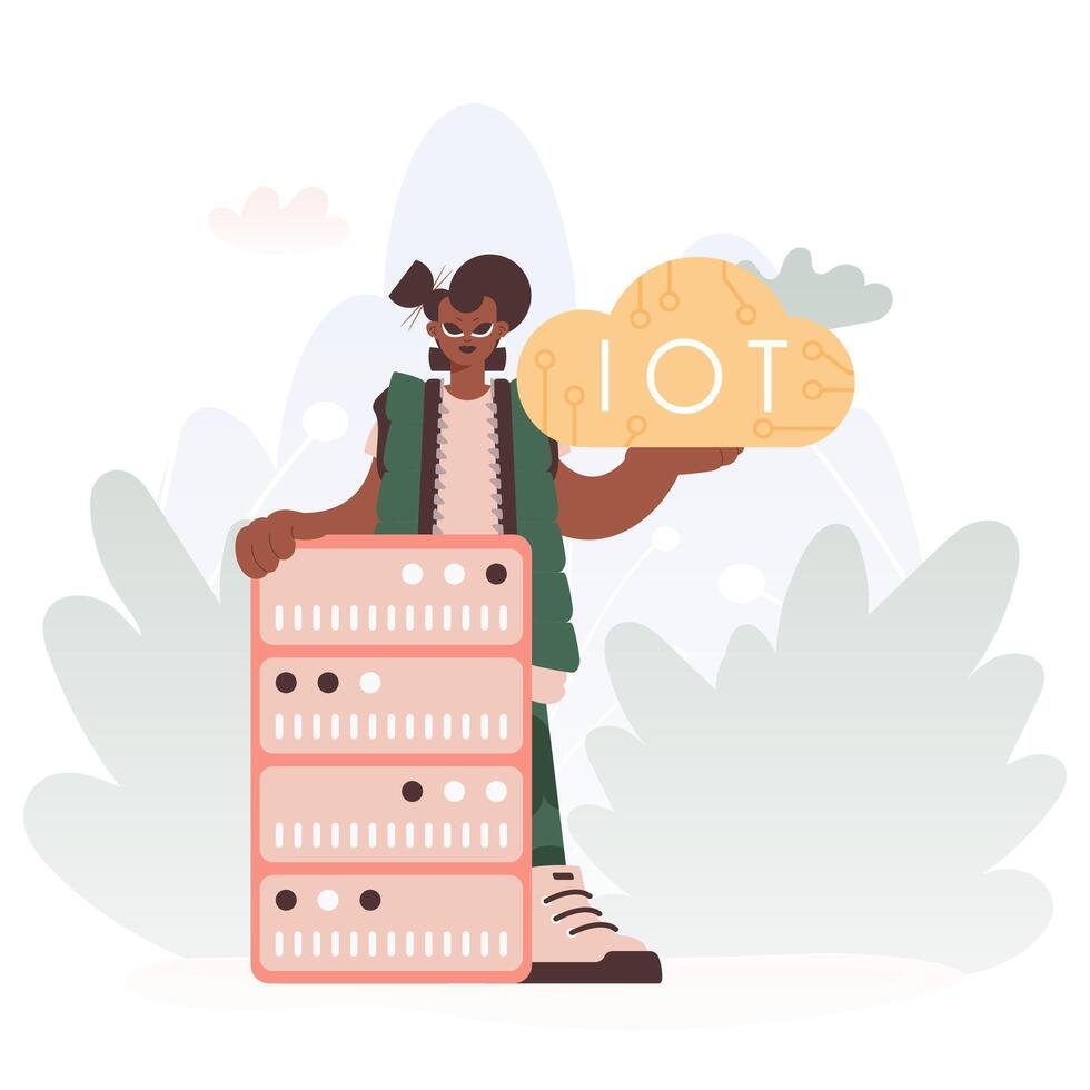 Youthful woman Getting a handle on the IoT Picture Internal parts the center of a Organize of Servers, Symbolizing the Interconnectivity and Mechanical Headways of Progressed Times. vector
